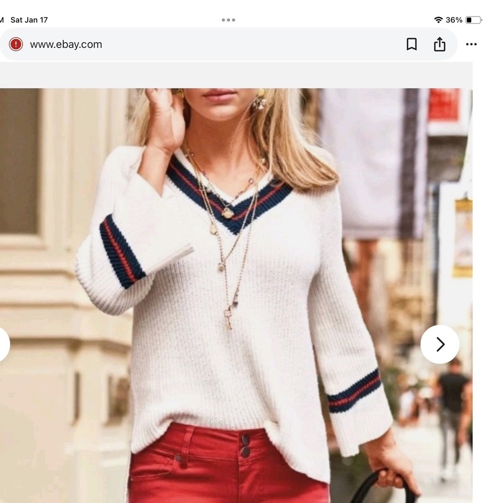 CABI ACE COTTON SWEATER IN WHITE WITH BLUE AND‎ RED ACCENTS